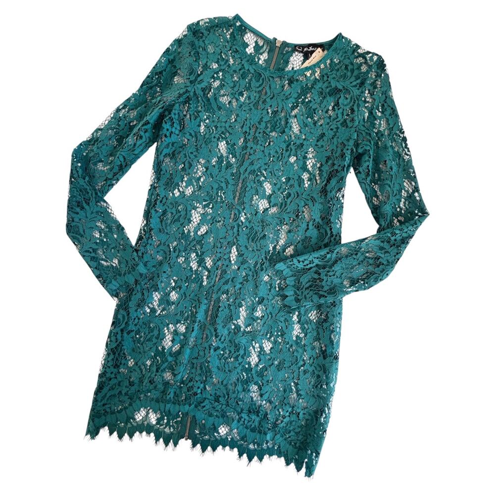 For Love & Lemons Maui Waui Lace Long Sleeve Mini Dress Teal Women’s Large